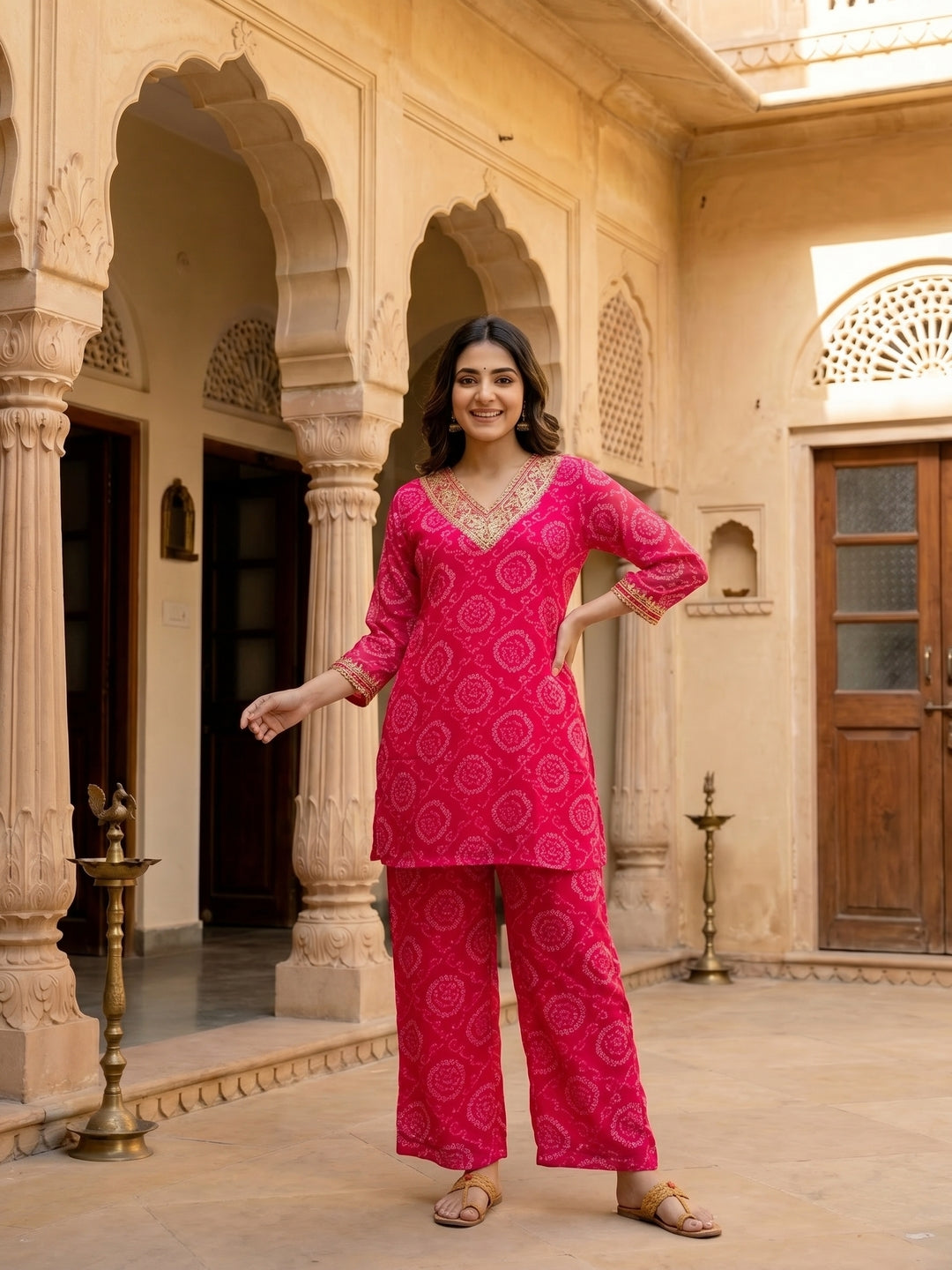 Bandhani Printed Embroidered A-Line Co-ord Set - Pink