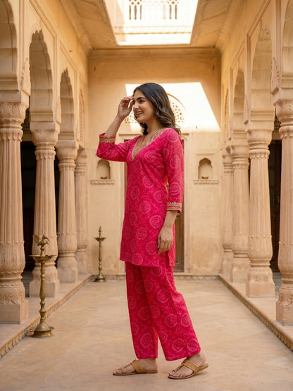 Bandhani Printed Embroidered A-Line Co-ord Set - Pink