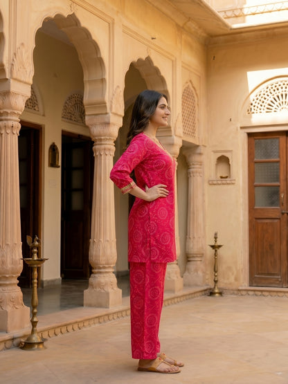 Bandhani Printed Embroidered A-Line Co-ord Set - Pink