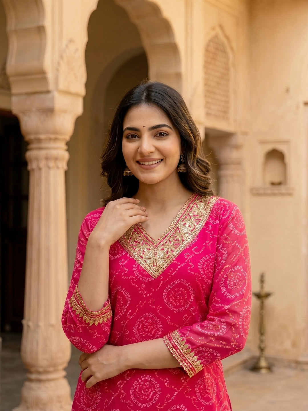 Bandhani Printed Embroidered A-Line Co-ord Set - Pink