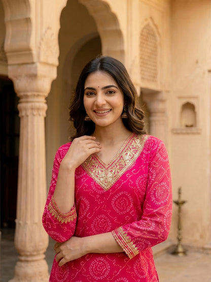 Bandhani Printed Embroidered A-Line Co-ord Set - Pink