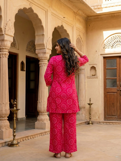 Bandhani Printed Embroidered A-Line Co-ord Set - Pink