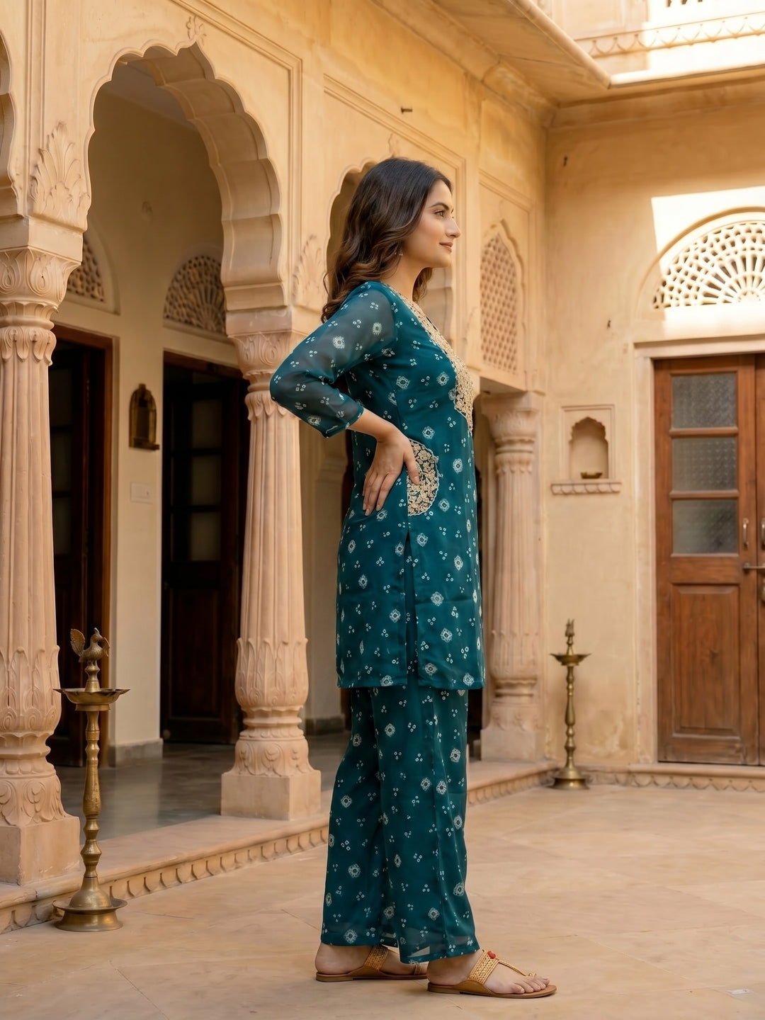 Bandhani Printed Embroidered A-Line Co-ord Set - Blue