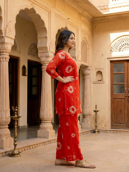 Abstract Printed Embroidered A-Line Co-ord Set - Red