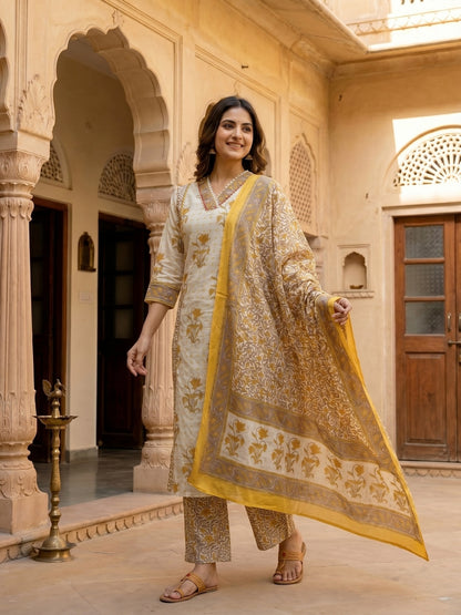 Floral Ethnic Anarkali Kurta with Palazzo & Dupatta - Yellow