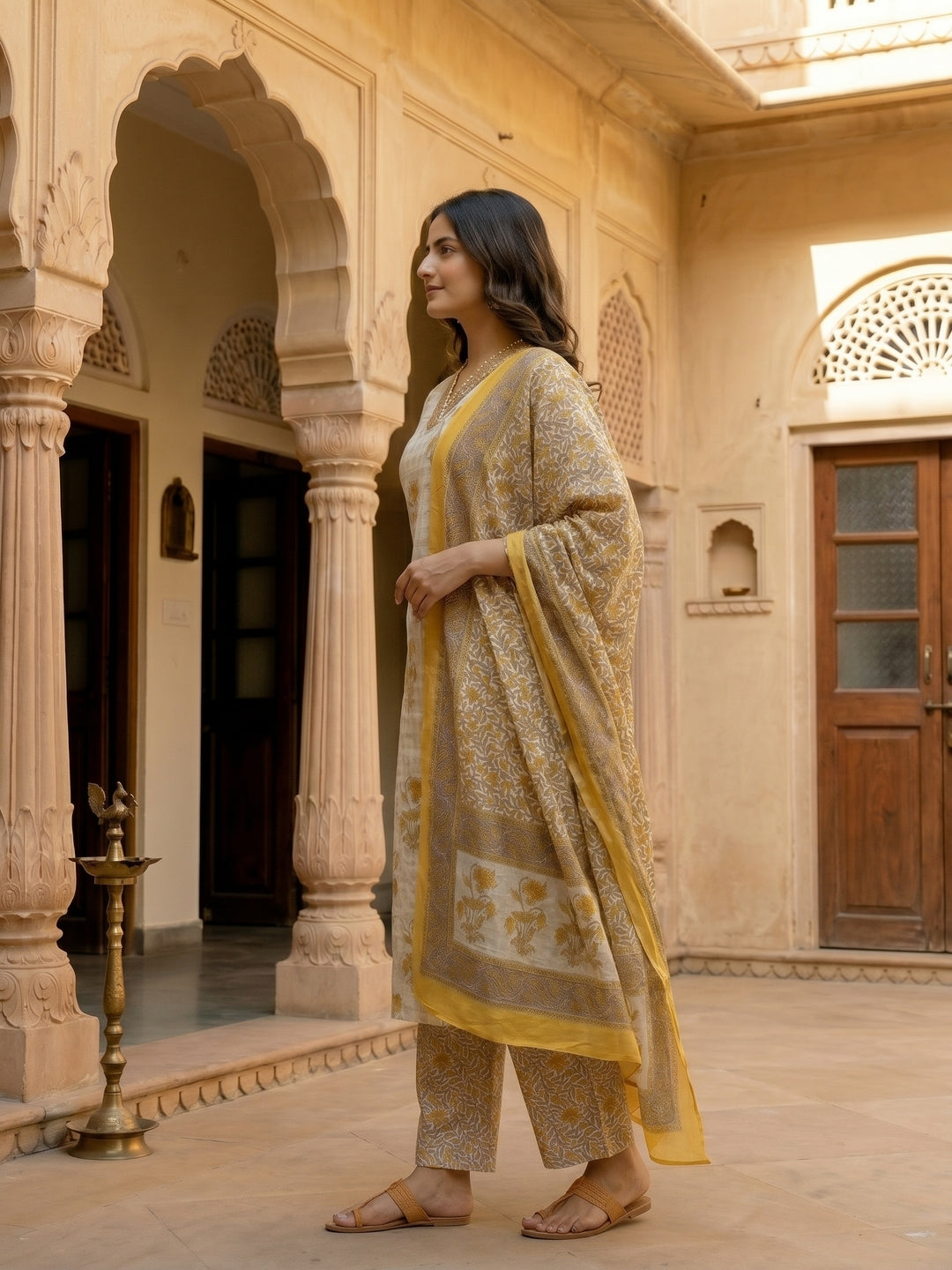 Floral Ethnic Anarkali Kurta with Palazzo & Dupatta - Yellow