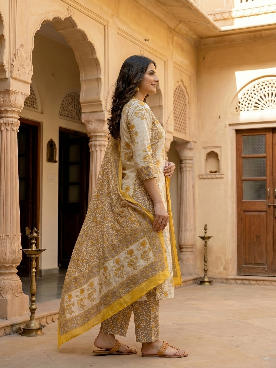Floral Ethnic Anarkali Kurta with Palazzo & Dupatta - Yellow