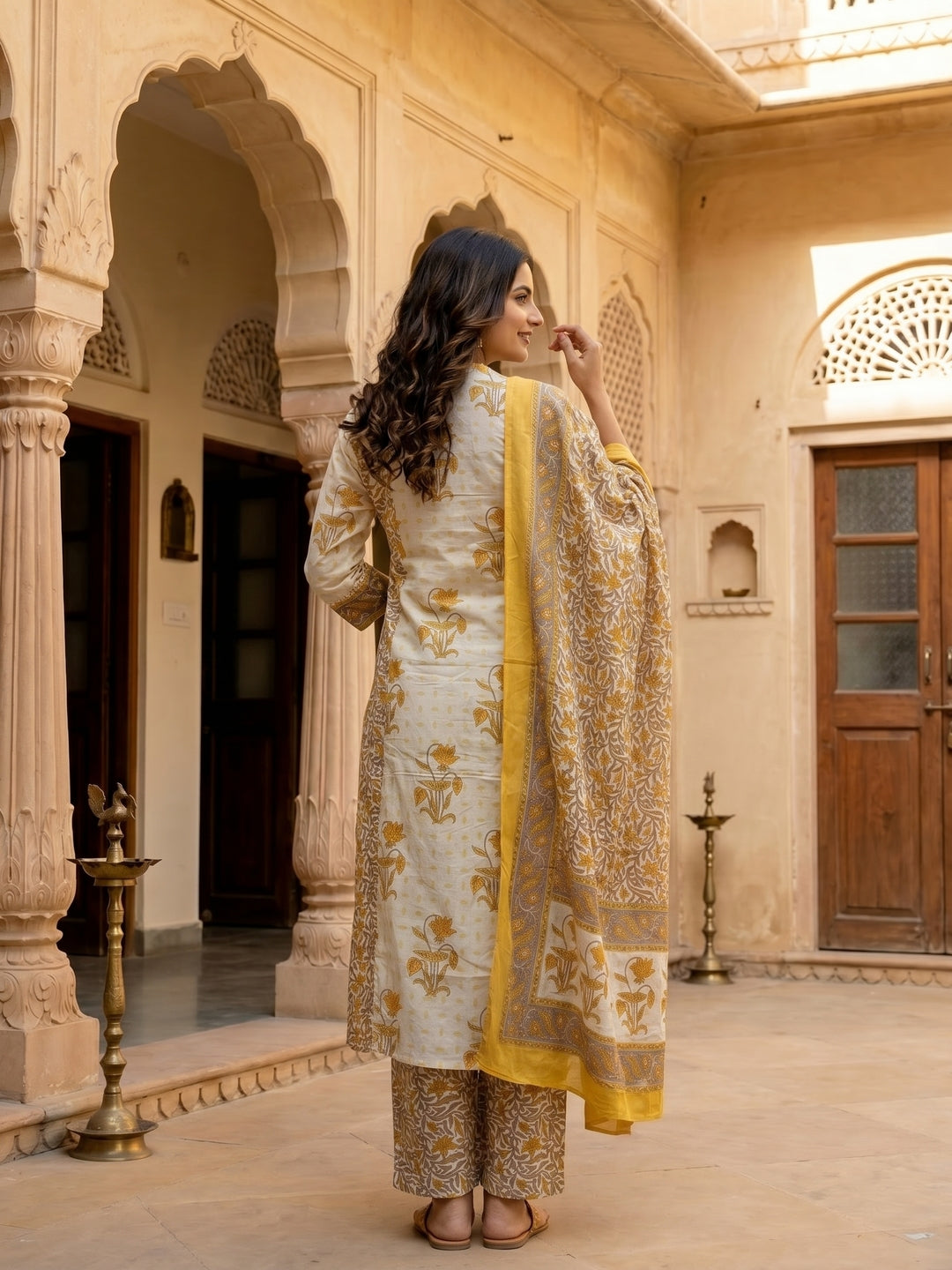 Floral Ethnic Anarkali Kurta with Palazzo & Dupatta - Yellow