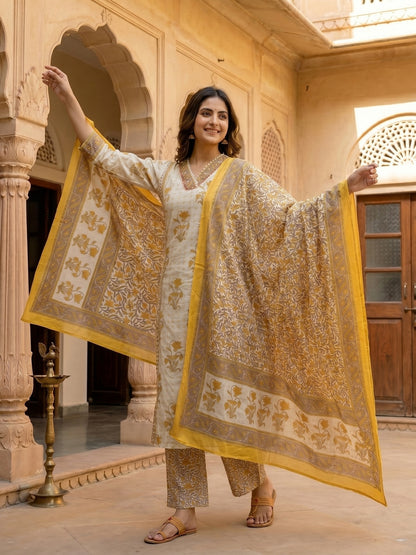 Floral Ethnic Anarkali Kurta with Palazzo & Dupatta - Yellow