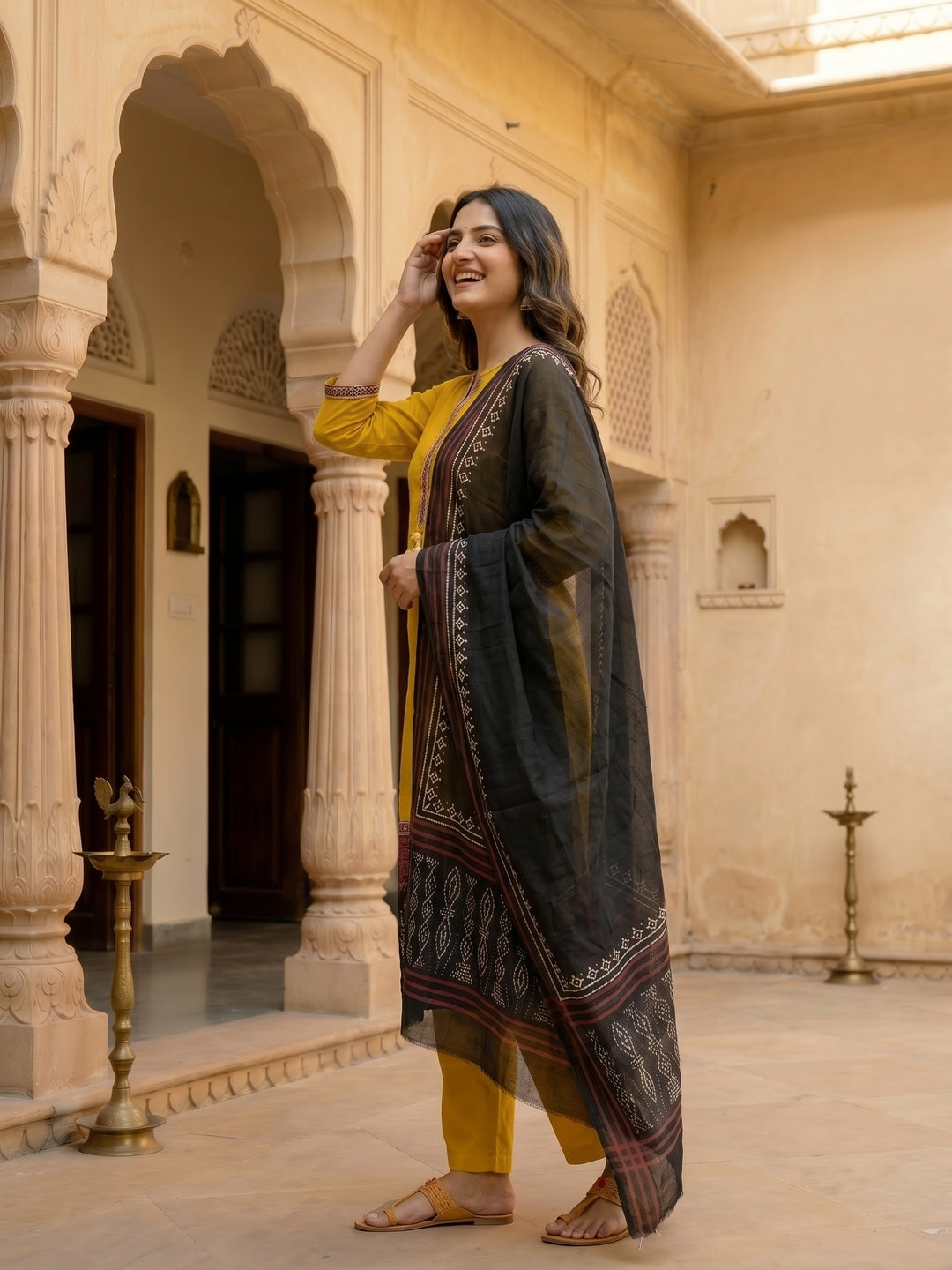 Solid Ethnic Anarkali Kurta with Pant & Dupatta - Mustard