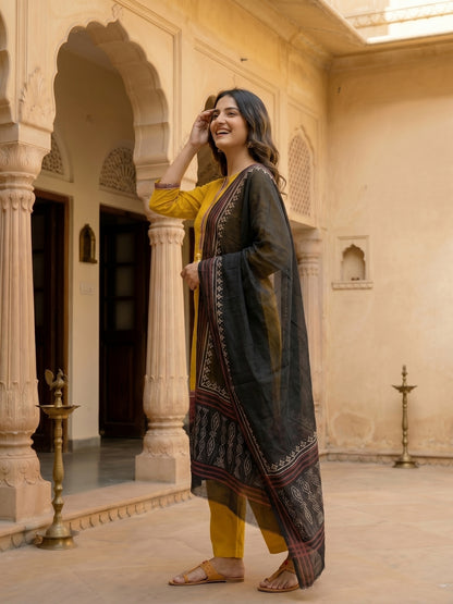 Solid Ethnic Anarkali Kurta with Pant & Dupatta - Mustard