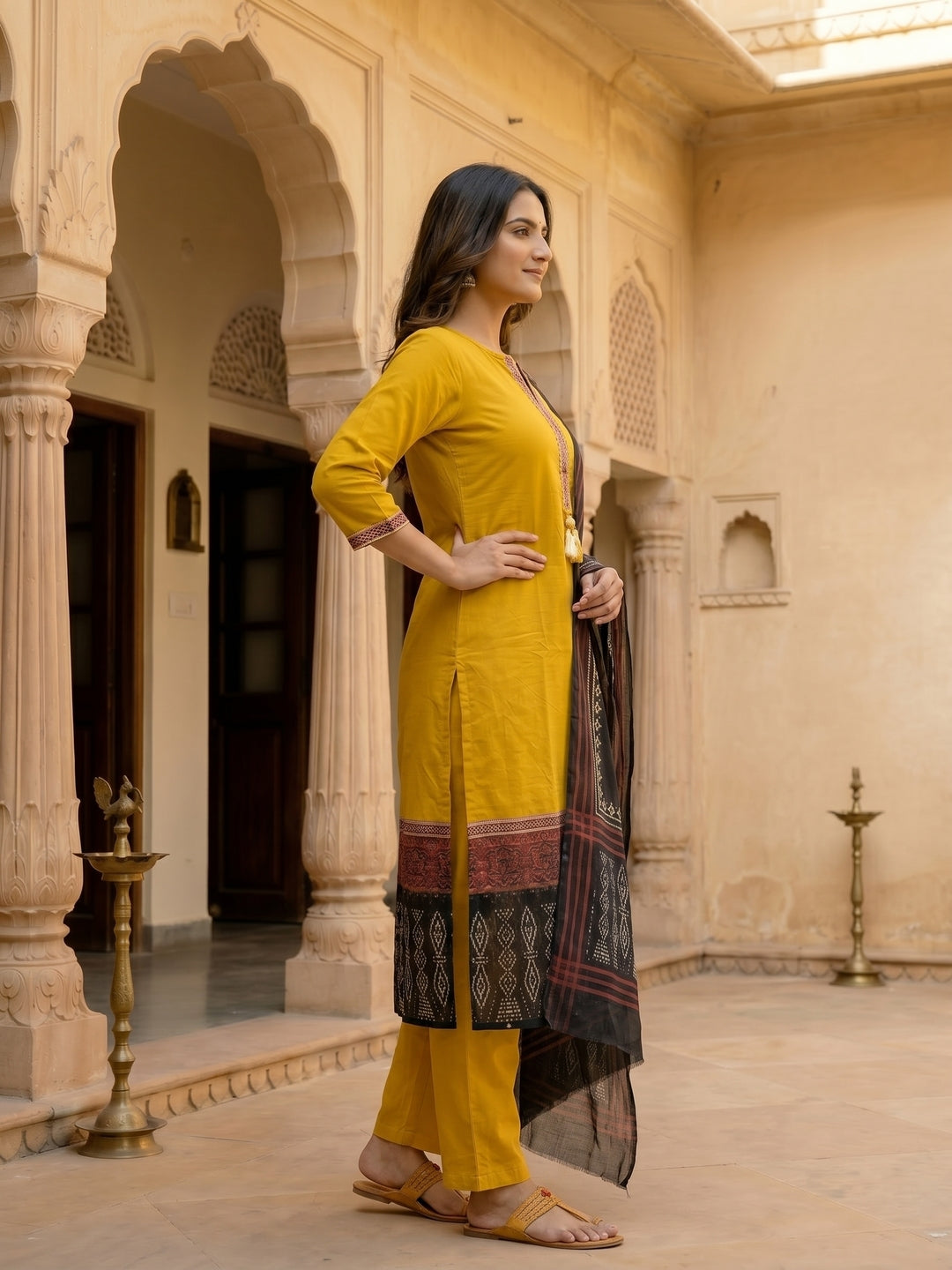 Solid Ethnic Anarkali Kurta with Pant & Dupatta - Mustard