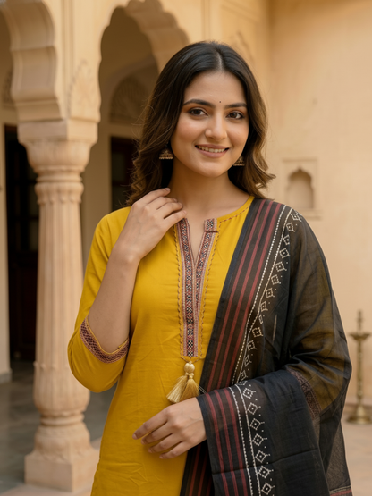 Solid Ethnic Anarkali Kurta with Pant & Dupatta - Mustard