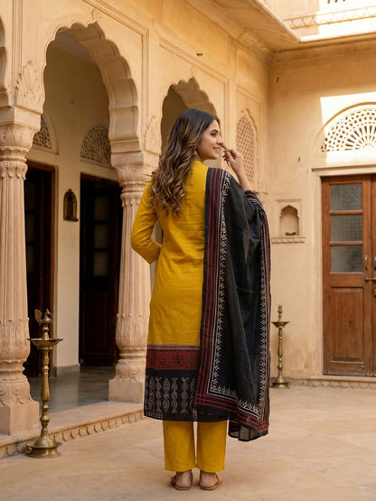 Solid Ethnic Anarkali Kurta with Pant & Dupatta - Mustard