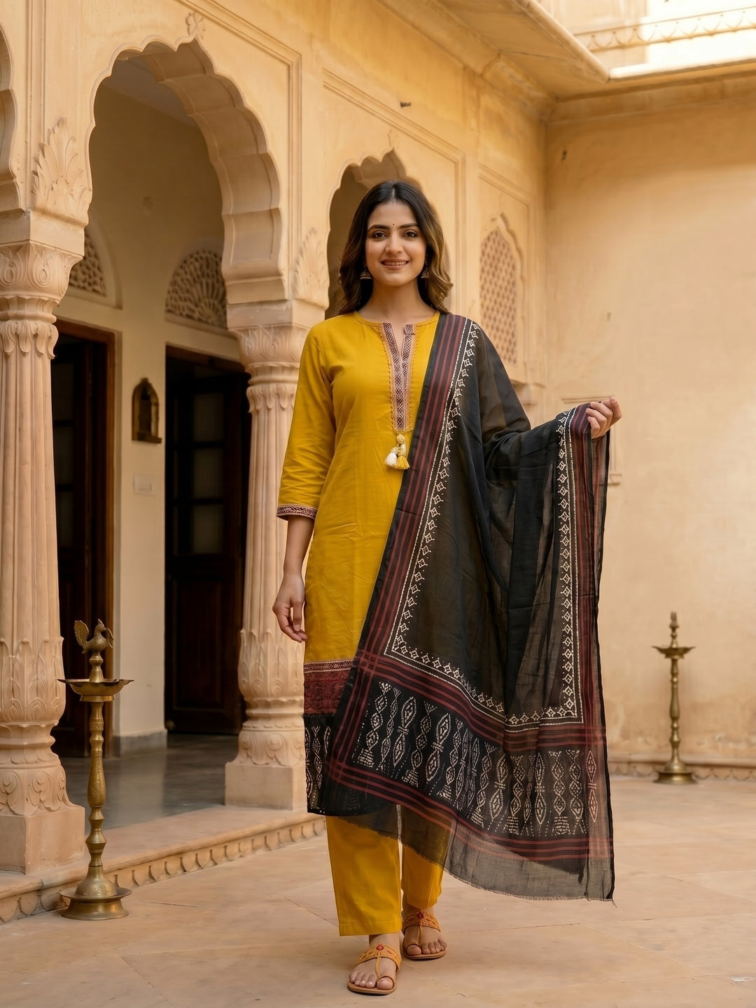 Solid Ethnic Anarkali Kurta with Pant & Dupatta - Mustard