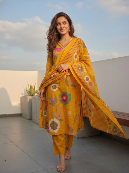 Abstract Floral Printed Straight Kurta with Pant and Dupatta - Yellow