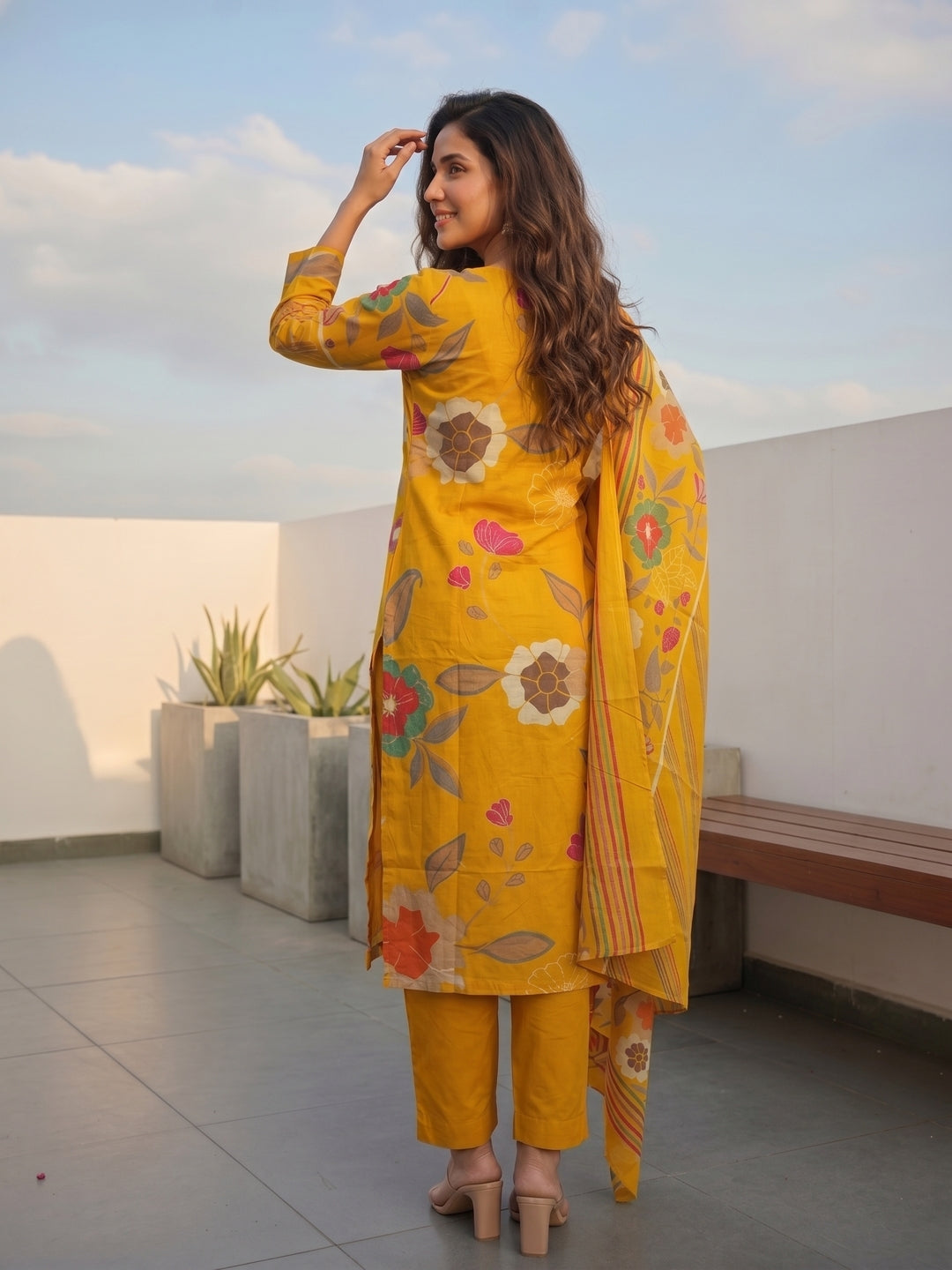 Abstract Floral Printed Straight Kurta with Pant and Dupatta - Yellow