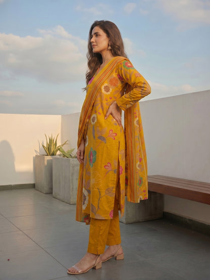 Abstract Floral Printed Straight Kurta with Pant and Dupatta - Yellow