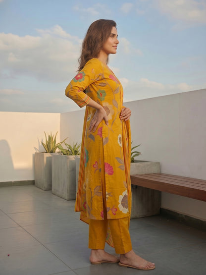 Abstract Floral Printed Straight Kurta with Pant and Dupatta - Yellow