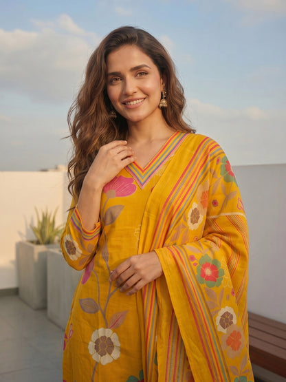 Abstract Floral Printed Straight Kurta with Pant and Dupatta - Yellow