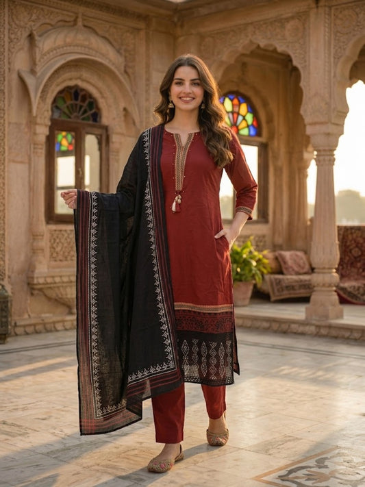 Solid Ethnic Anarkali Kurta with Pant & Dupatta - Maroon