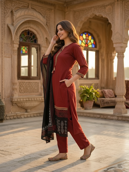 Solid Ethnic Anarkali Kurta with Pant & Dupatta - Maroon