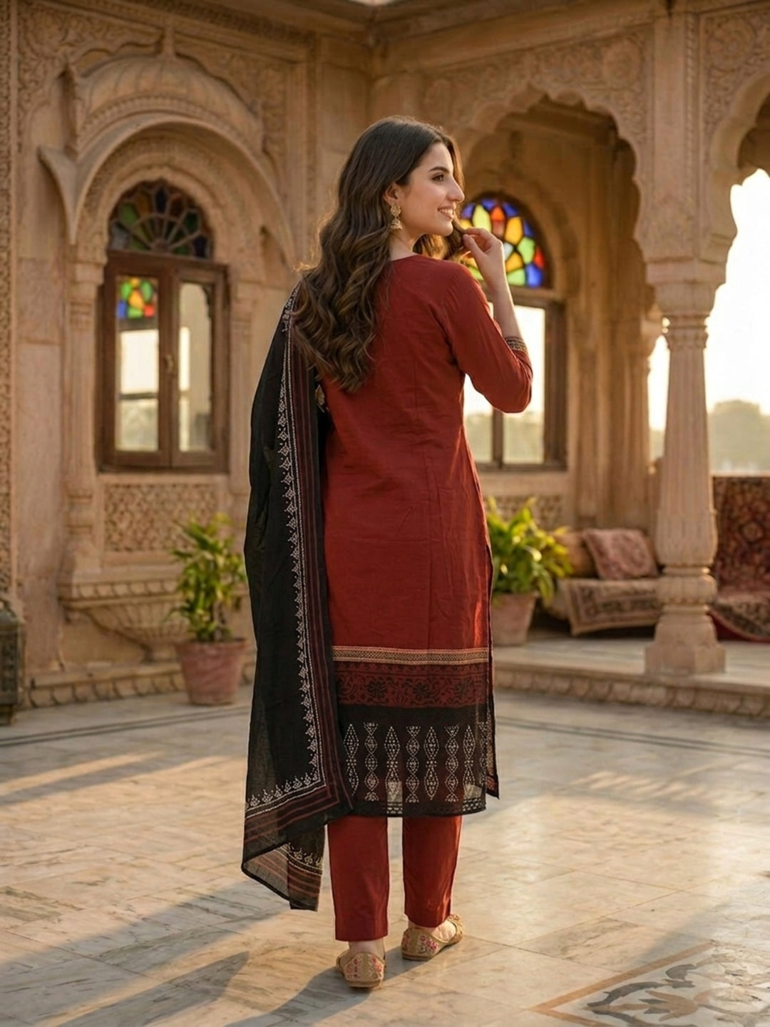 Solid Ethnic Anarkali Kurta with Pant & Dupatta - Maroon