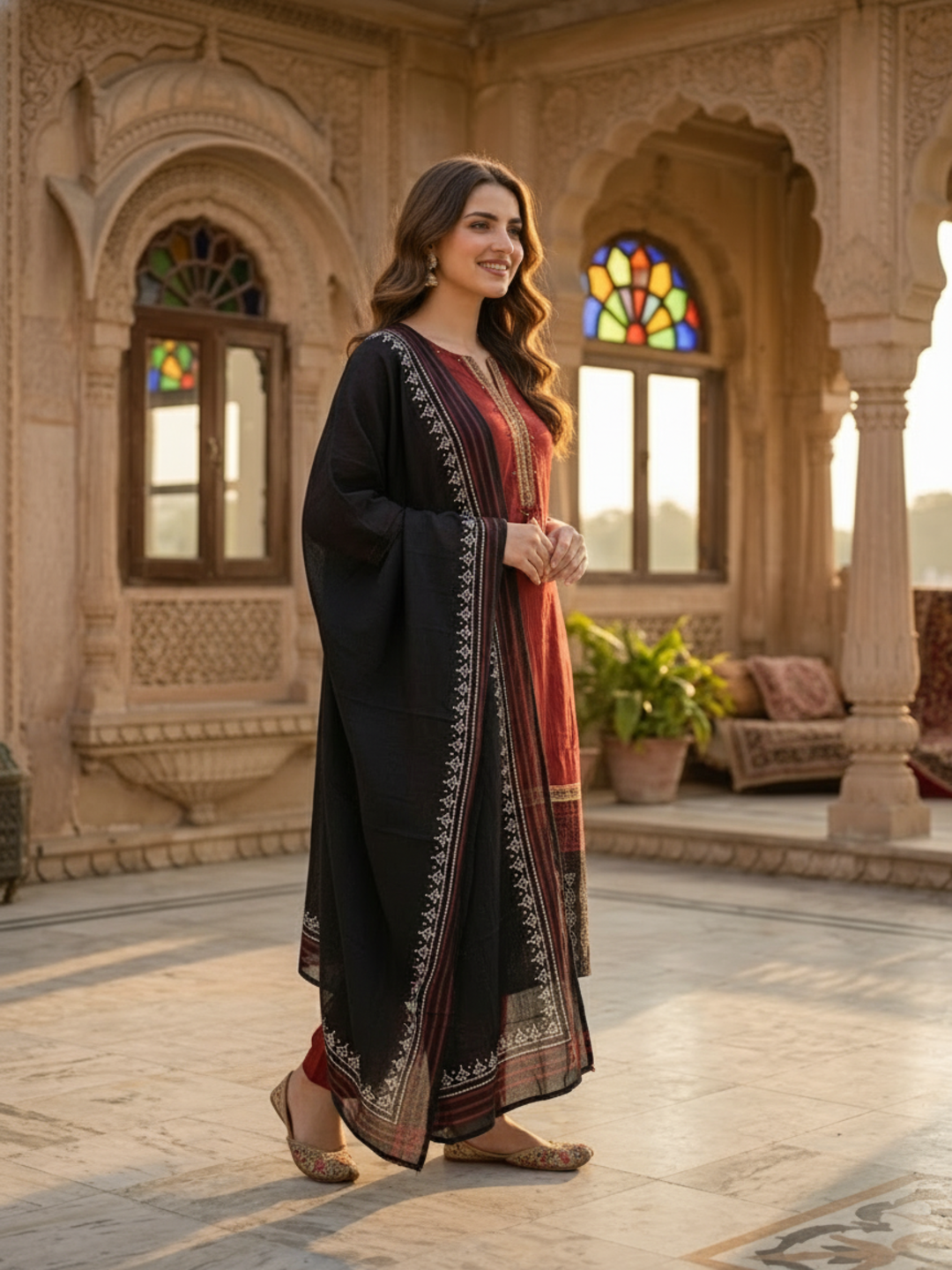 Solid Ethnic Anarkali Kurta with Pant & Dupatta - Maroon