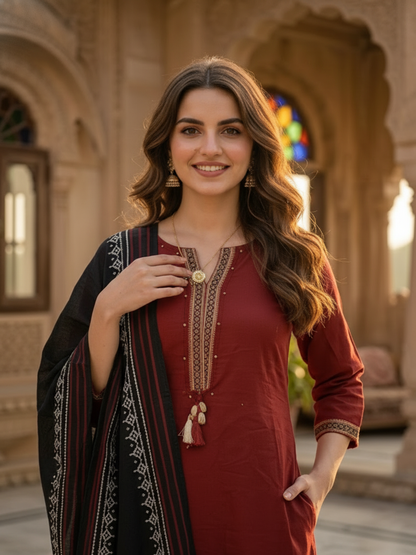 Solid Ethnic Anarkali Kurta with Pant & Dupatta - Maroon