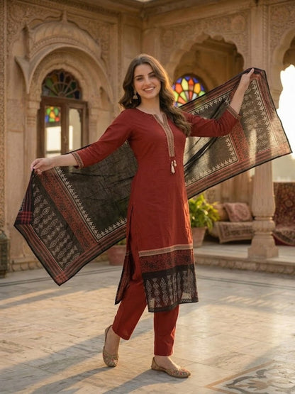 Solid Ethnic Anarkali Kurta with Pant & Dupatta - Maroon