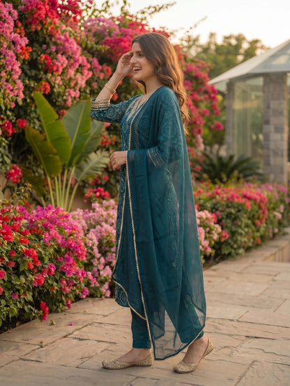 Bandhani Printed Embroidered Straight Kurta with Pant and Dupatta - Blue