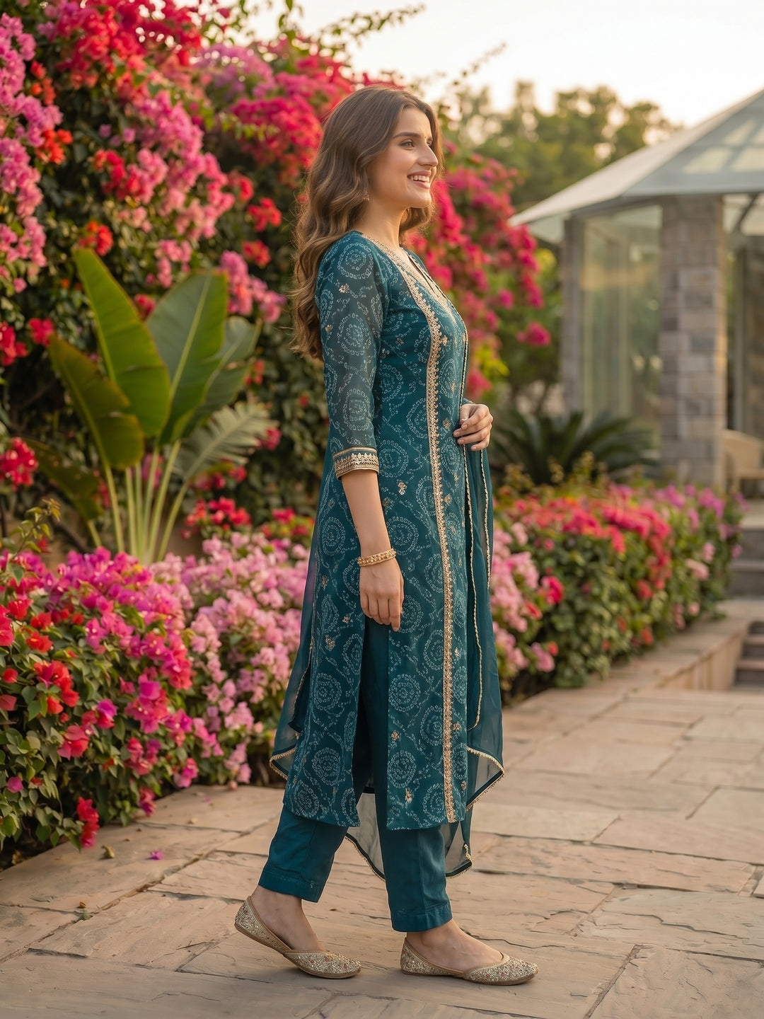 Bandhani Printed Embroidered Straight Kurta with Pant and Dupatta - Blue