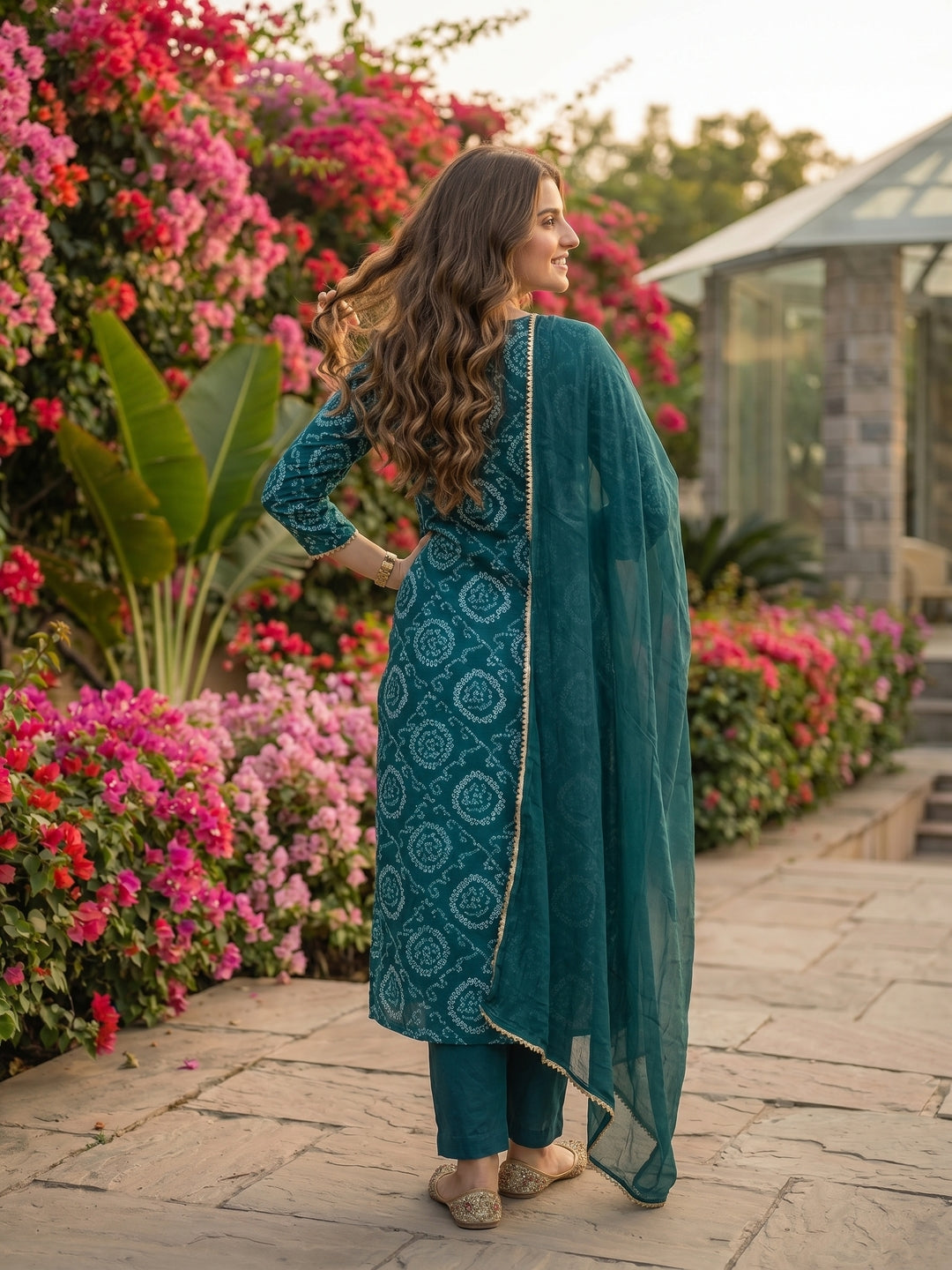 Bandhani Printed Embroidered Straight Kurta with Pant and Dupatta - Blue