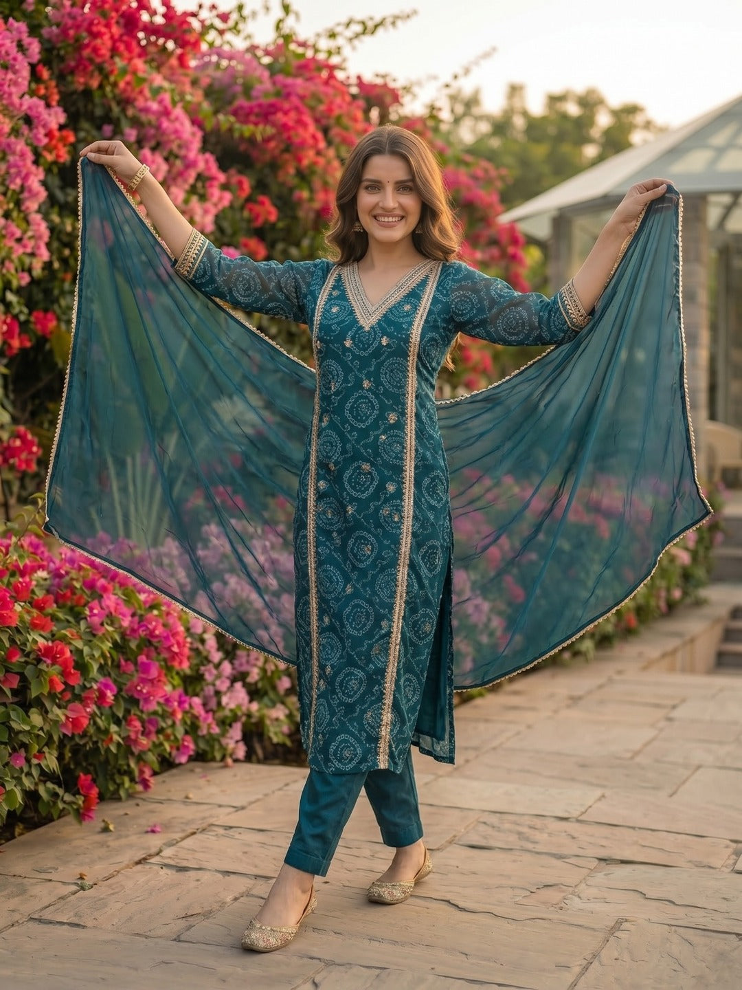 Bandhani Printed Embroidered Straight Kurta with Pant and Dupatta - Blue