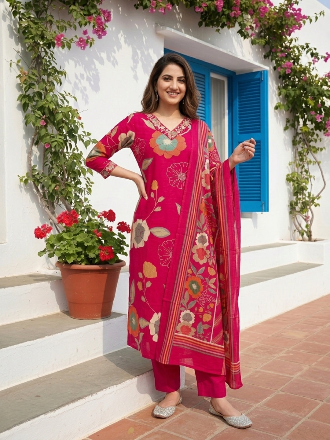 Abstract Floral Printed Straight Kurta with Pant and Dupatta - Pink
