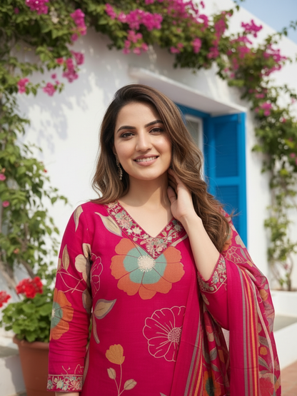 Abstract Floral Printed Straight Kurta with Pant and Dupatta - Pink