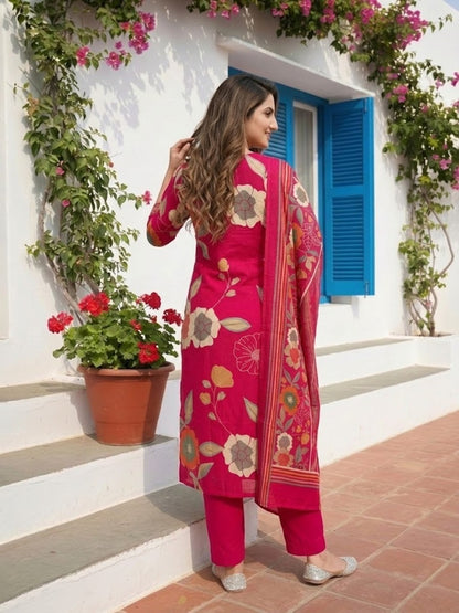Abstract Floral Printed Straight Kurta with Pant and Dupatta - Pink