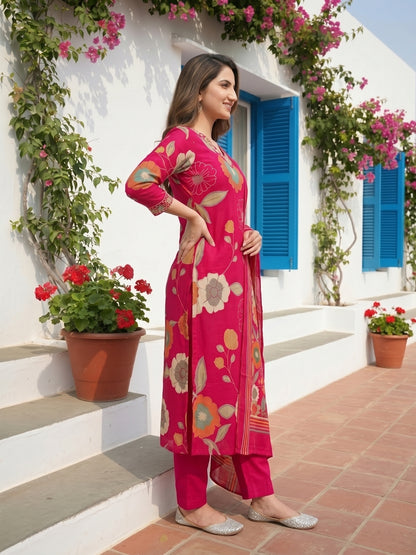 Abstract Floral Printed Straight Kurta with Pant and Dupatta - Pink