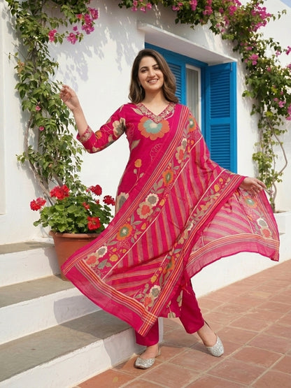 Abstract Floral Printed Straight Kurta with Pant and Dupatta - Pink