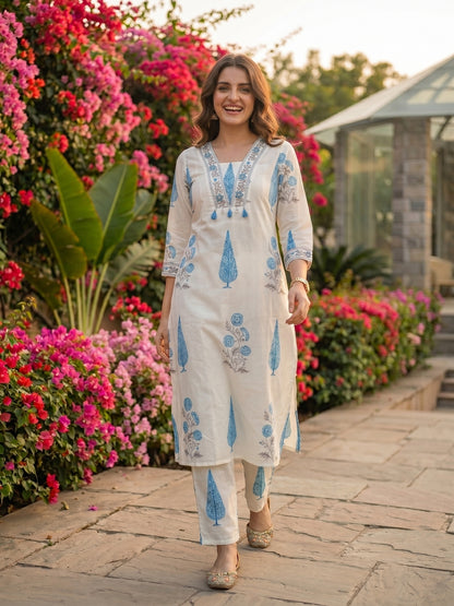 Mughal Print Embroidered A-Line Kurta with Palazzo - Blue