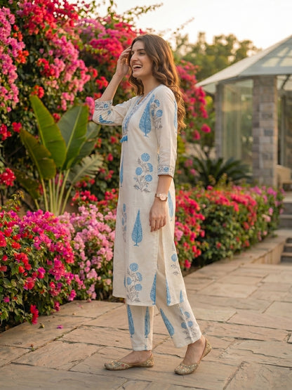 Mughal Print Embroidered A-Line Kurta with Palazzo - Blue