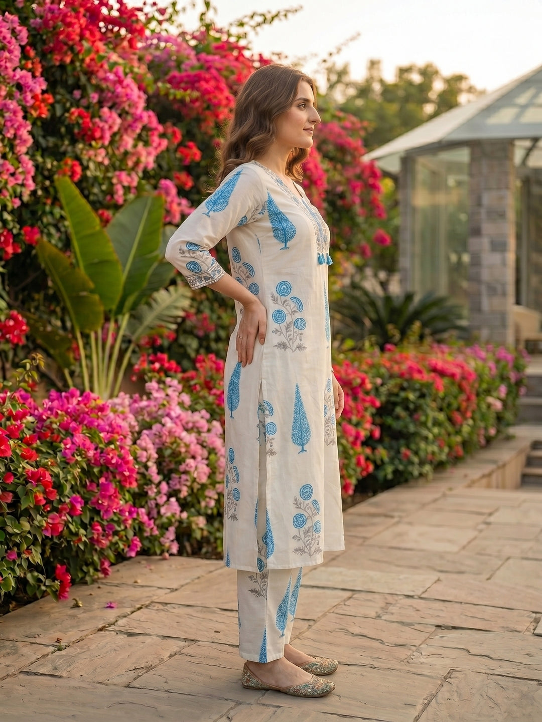 Mughal Print Embroidered A-Line Kurta with Palazzo - Blue