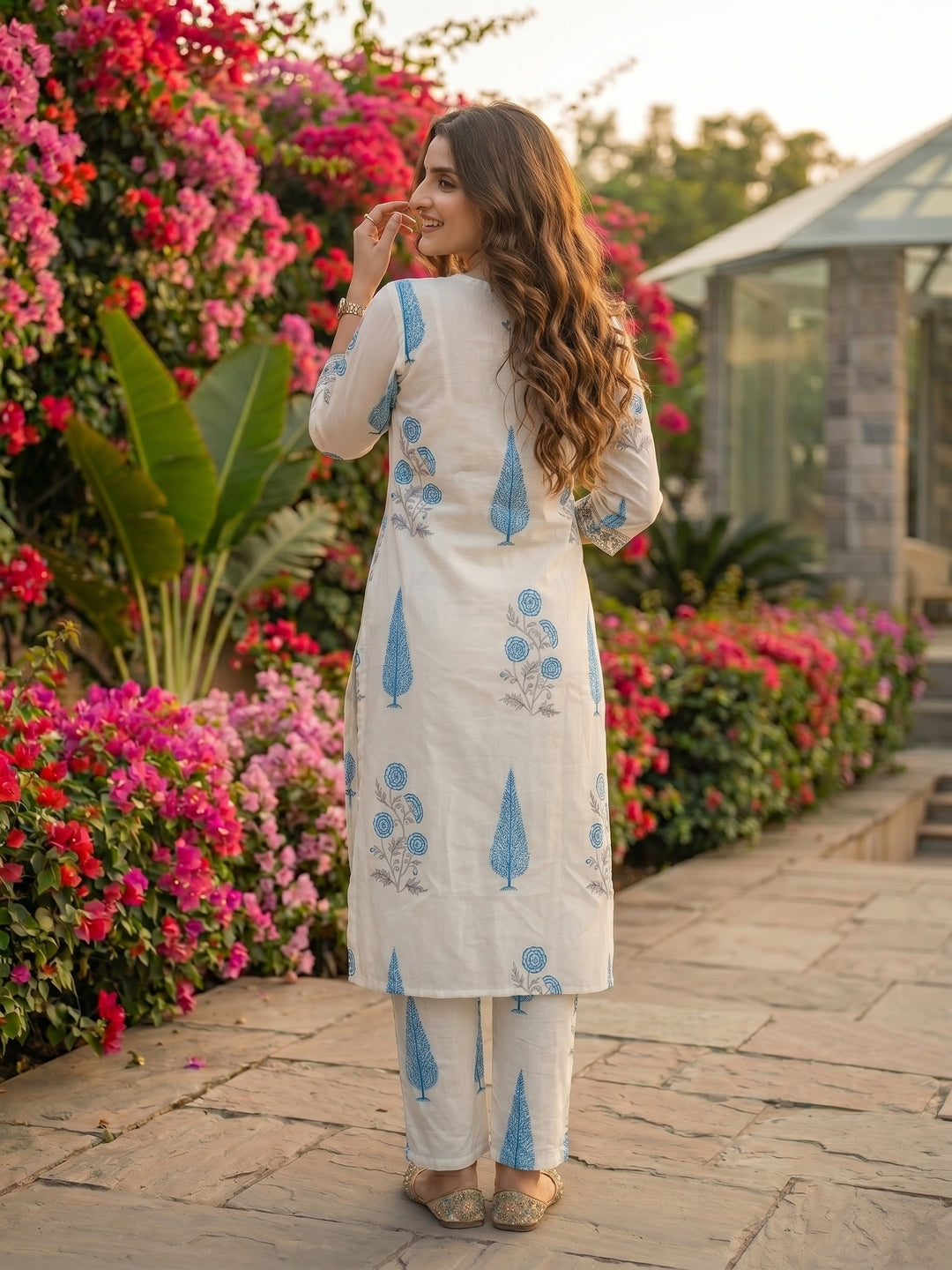 Mughal Print Embroidered A-Line Kurta with Palazzo - Blue