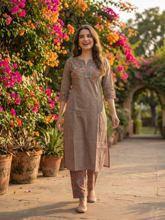 Checks & Jaal Print Kantha Mirror Work Straight Kurta with Palazzo - Brown
