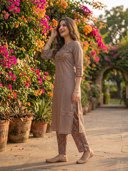 Checks & Jaal Print Kantha Mirror Work Straight Kurta with Palazzo - Brown