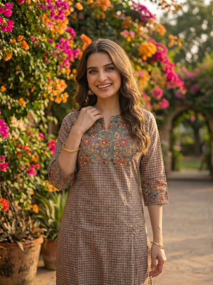 Checks & Jaal Print Kantha Mirror Work Straight Kurta with Palazzo - Brown