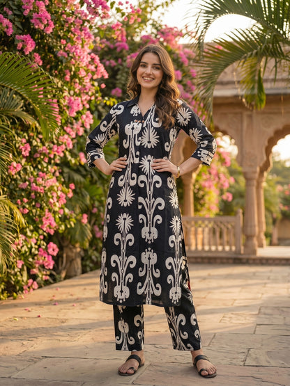Ikat Print Straight Kurta with Palazzo - Black