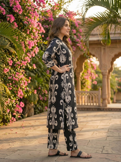 Ikat Print Straight Kurta with Palazzo - Black