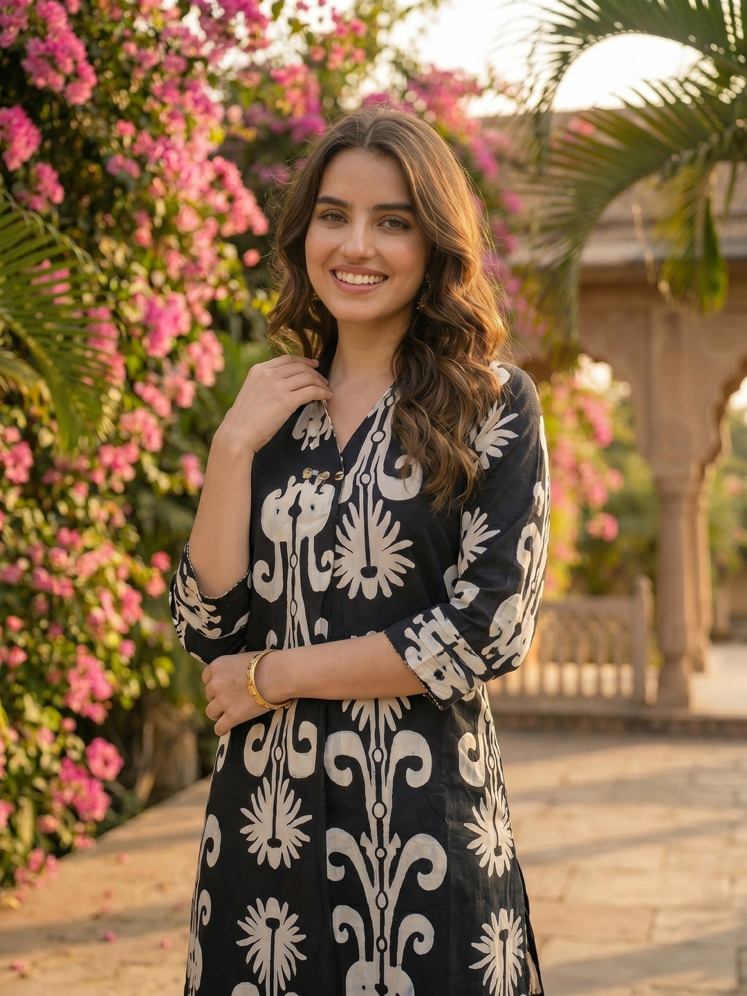 Ikat Print Straight Kurta with Palazzo - Black