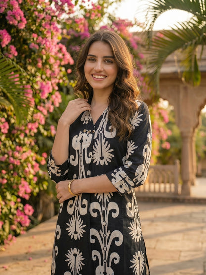 Ikat Print Straight Kurta with Palazzo - Black